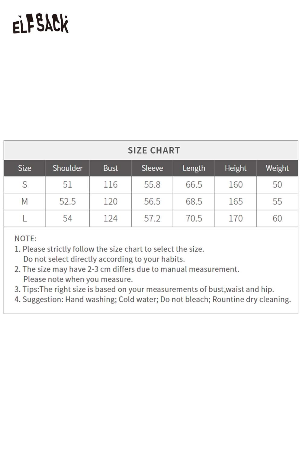 ELFSACK women's soft yarn sweatshirt size chart with measurements for S, M, and L sizes