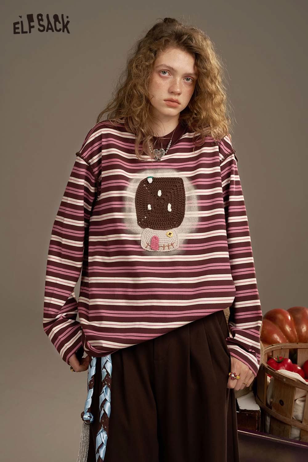 ELFSACK women's soft yarn sweatshirt in burgundy striped design with cute food graphic