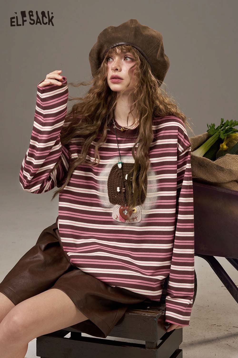 ELFSACK women's soft yarn sweatshirt in striped design with cute hedgehog graphic and relaxed fit