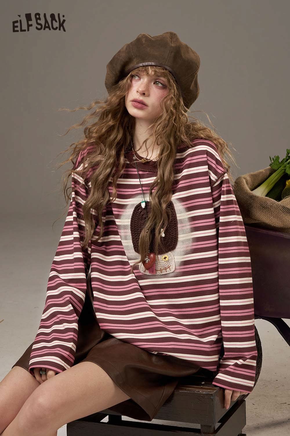 ELFSACK women's soft yarn sweatshirt in striped design featuring a playful graphic for casual wear