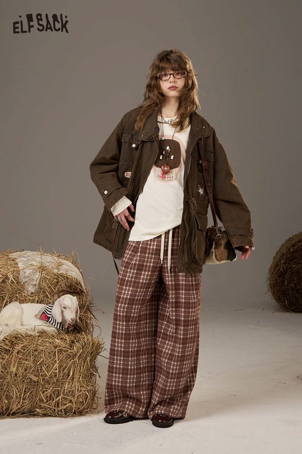 ELFSACK women's soft yarn sweatshirt styled with plaid pants for a cozy casual look