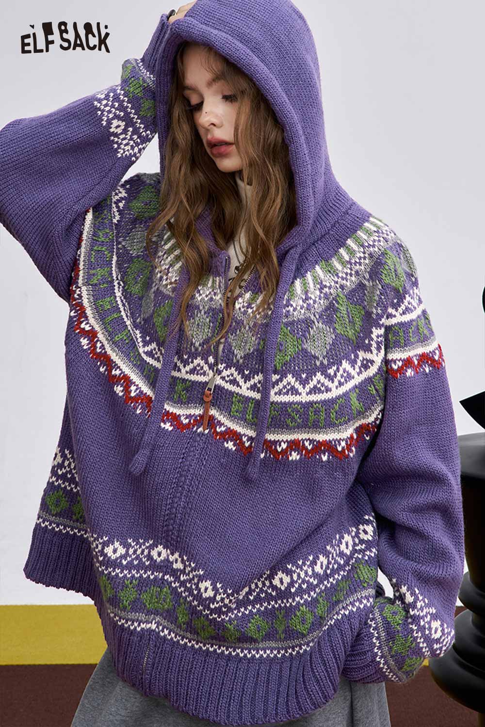 ELFSACK women's soft zip hooded sweater in purple with colorful knitted patterns and a cozy fit