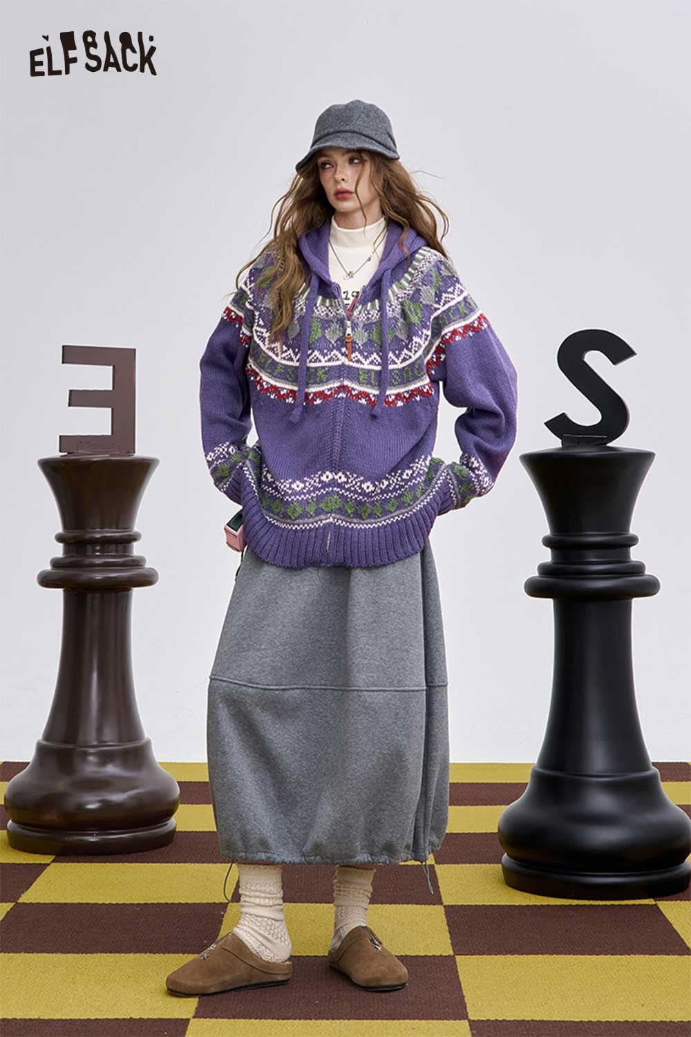 ELFSACK women's soft zip hooded sweater in purple with colorful knitted patterns and relaxed fit