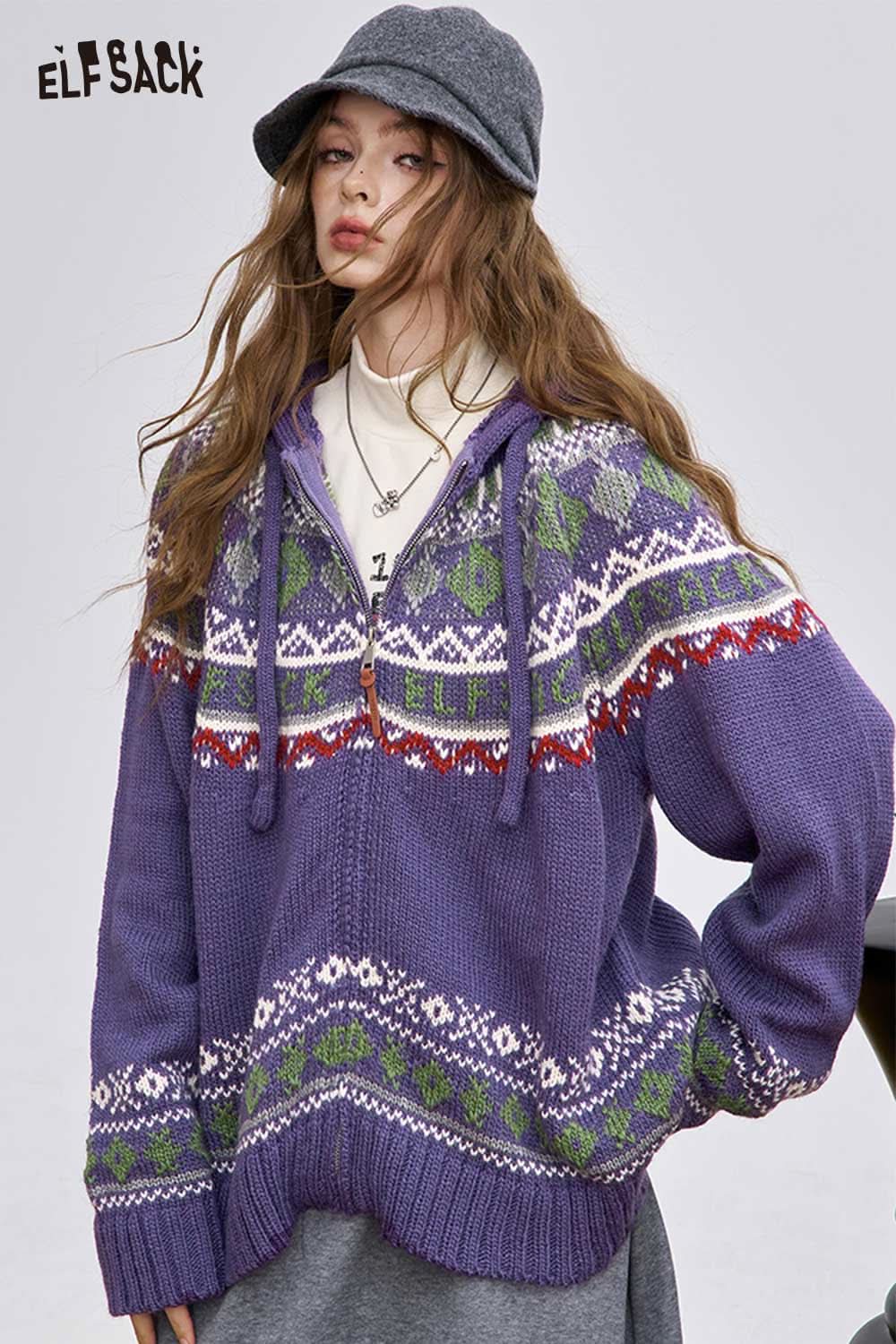 ELFSACK women's soft zip hooded sweater in purple with colorful Fair Isle pattern