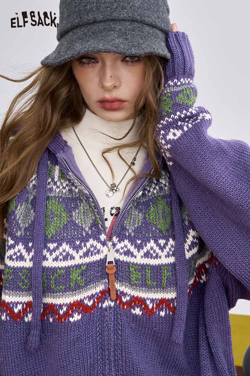 ELFSACK women's soft zip hooded sweater in purple with colorful pattern and oversized fit