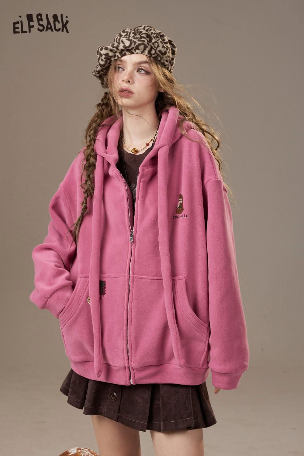 ELFSACK women's soft zip hoodie in pink with a relaxed fit and cozy pockets