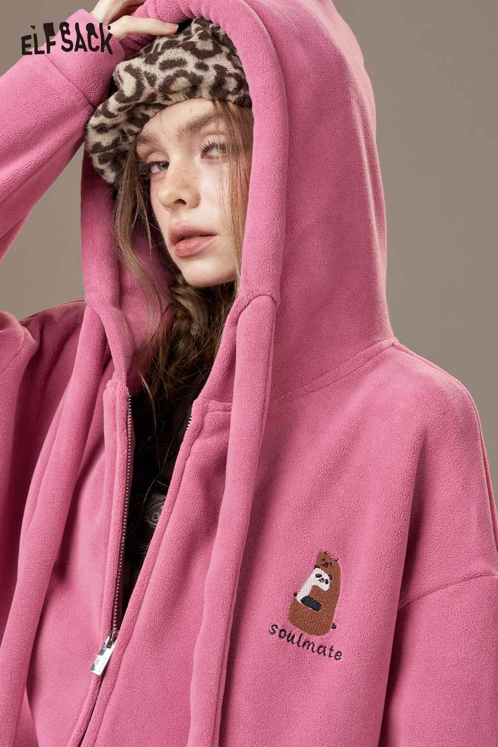 ELFSACK women's soft zip hoodie in pink with cute cartoon bear graphic and cozy oversized fit
