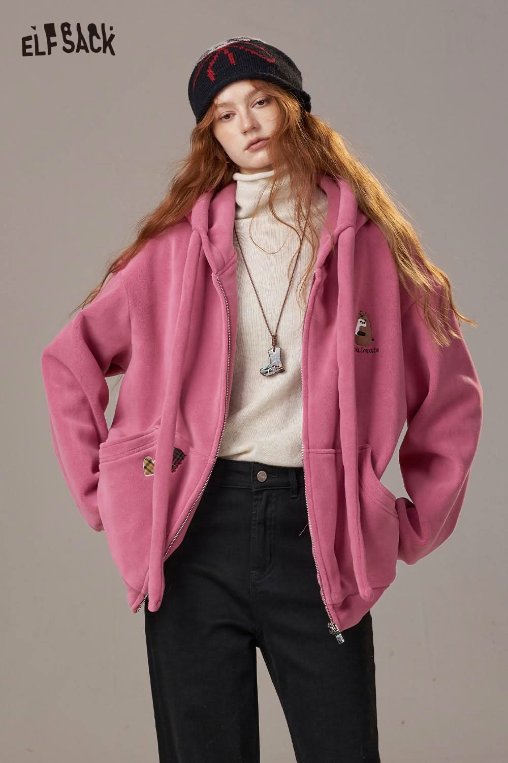 ELFSACK women's soft zip hoodie in pink with pockets and stylish details for casual wear