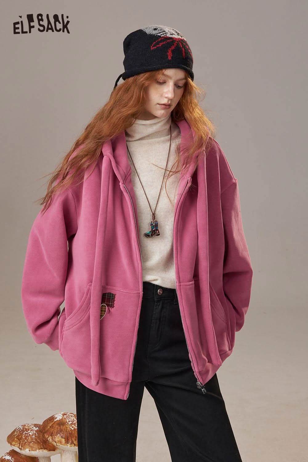 
                  
                    ELFSACK women's soft zip hoodie in pink with oversized fit and pockets for casual comfort
                  
                