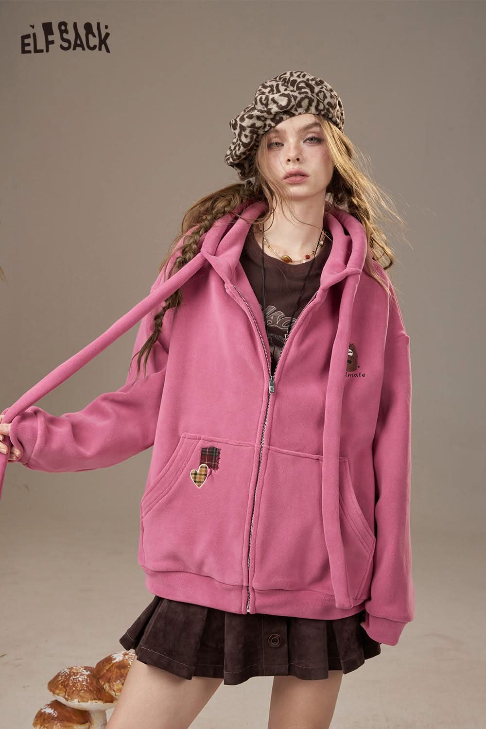 ELFSACK women's soft zip hoodie in pink with large pockets and stylish design