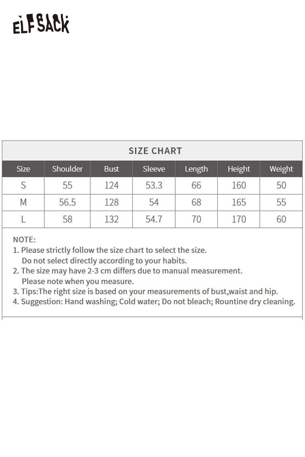 ELFSACK women's soft zip hoodie size chart for accurate fit and measurements