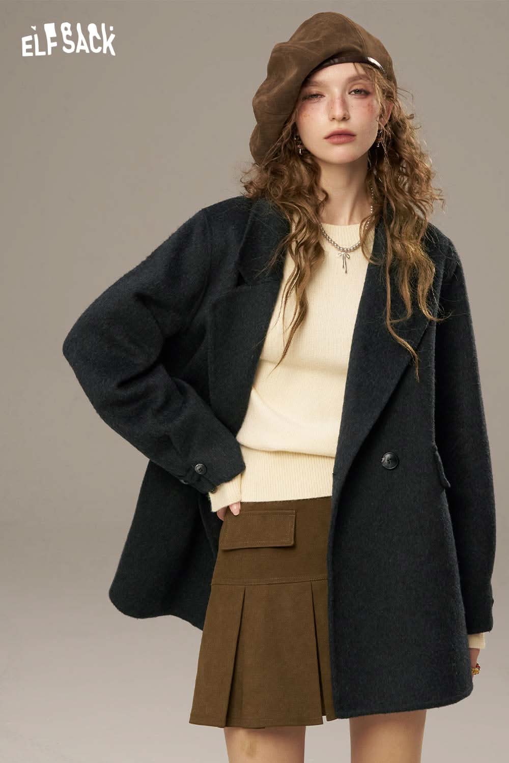 ELFSACK women's solid color coat in dark navy featuring a chic oversized design and stylish details