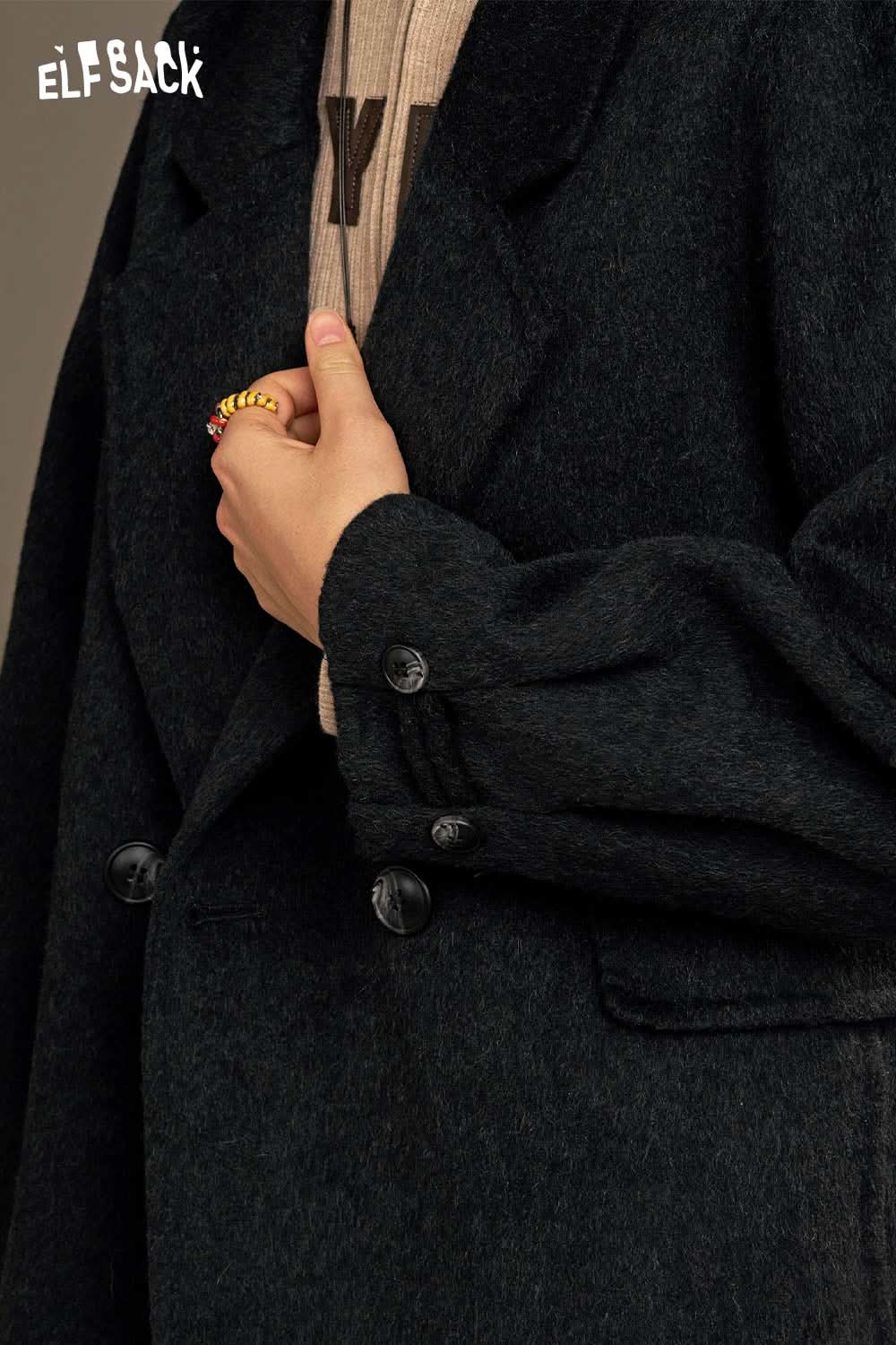 ELFSACK women's solid color coat featuring a chic double-breasted design and stylish button details