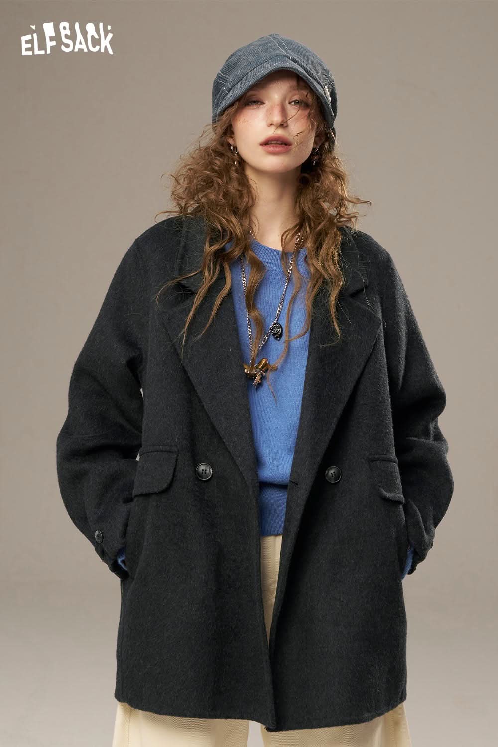 ELFSACK women's solid color coat in dark gray with relaxed fit and stylish design