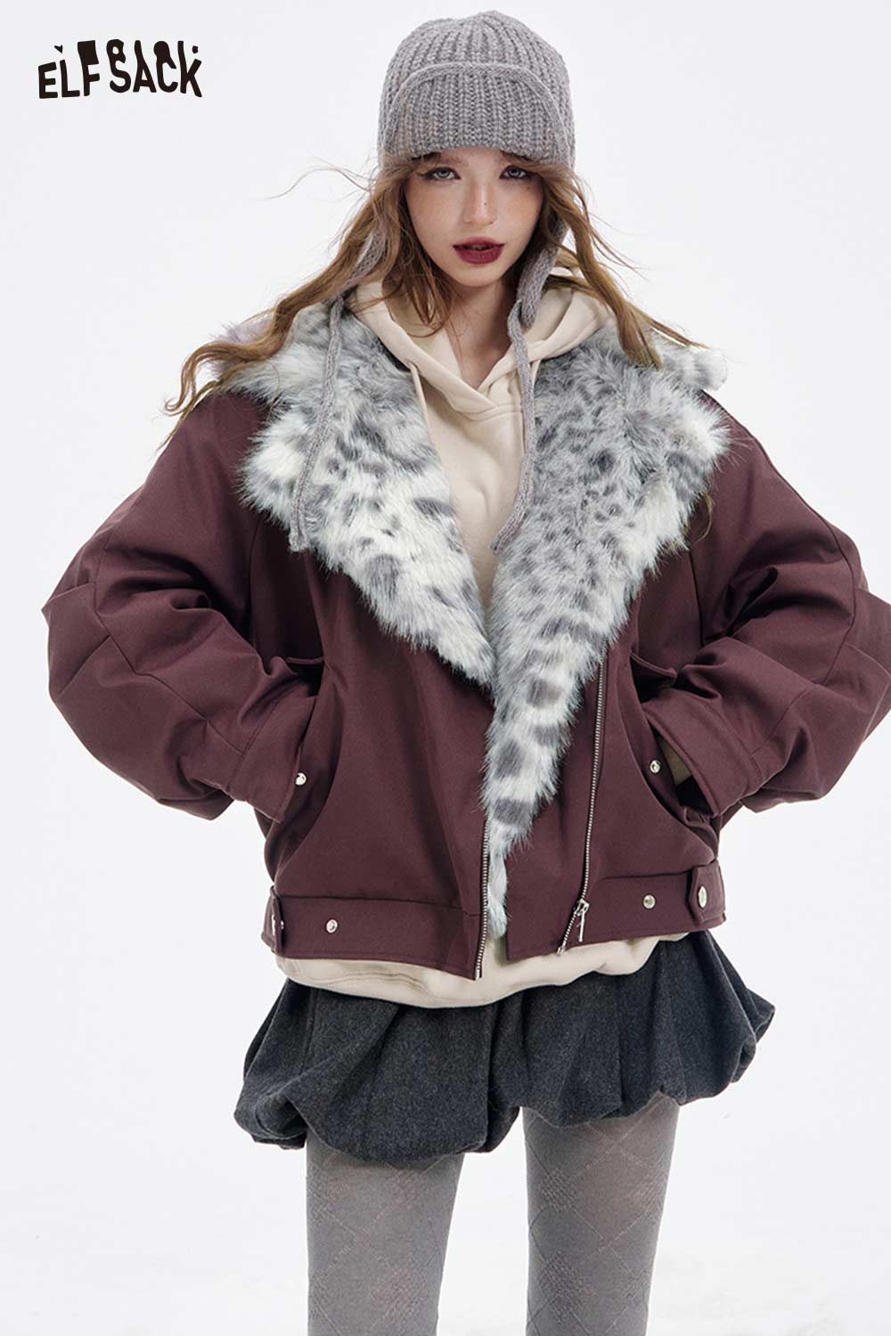 ELFSACK women's spotted plush collar coat in burgundy with a stylish faux fur collar for winter fashion