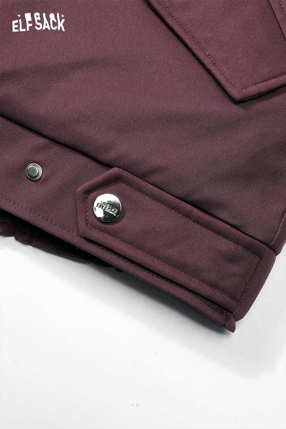 ELFSACK women's spotted plush collar coat with stylish buttons and rich burgundy color