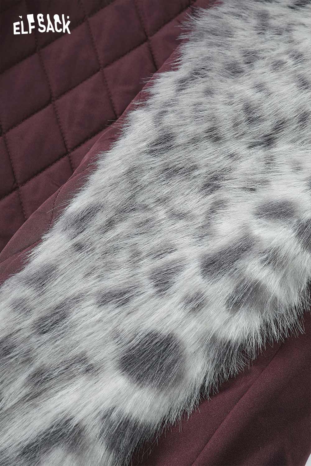 Close-up of ELFSACK women's spotted plush collar coat showcasing its soft texture and stylish design.
