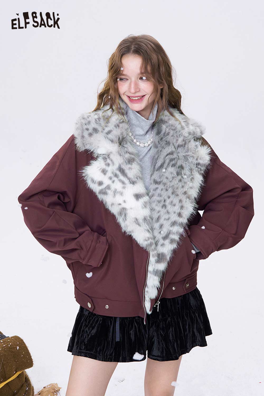 ELFSACK women's spotted plush collar coat in burgundy with stylish design and oversized fit