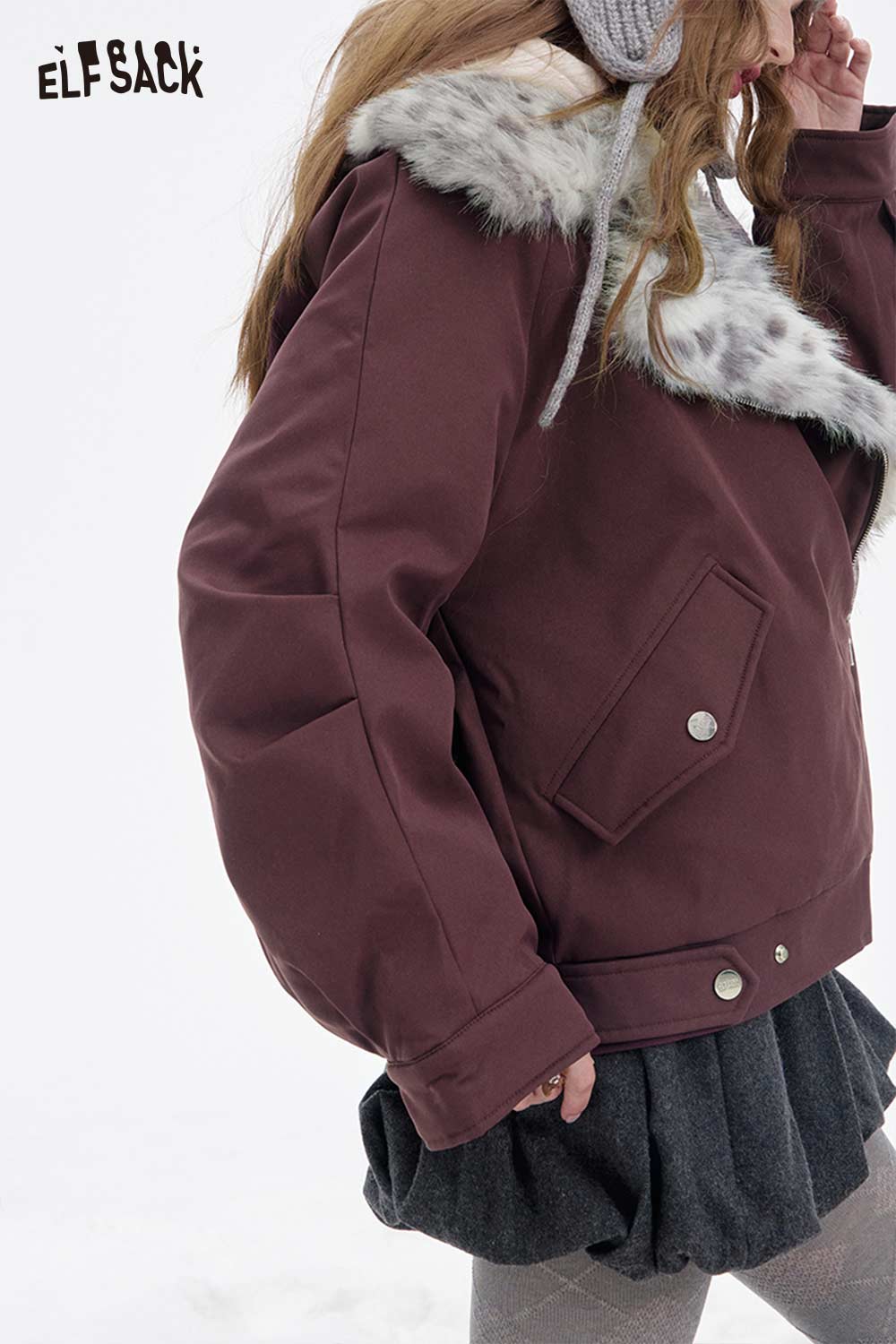 ELFSACK women's spotted plush collar coat in burgundy, perfect for stylish winter comfort