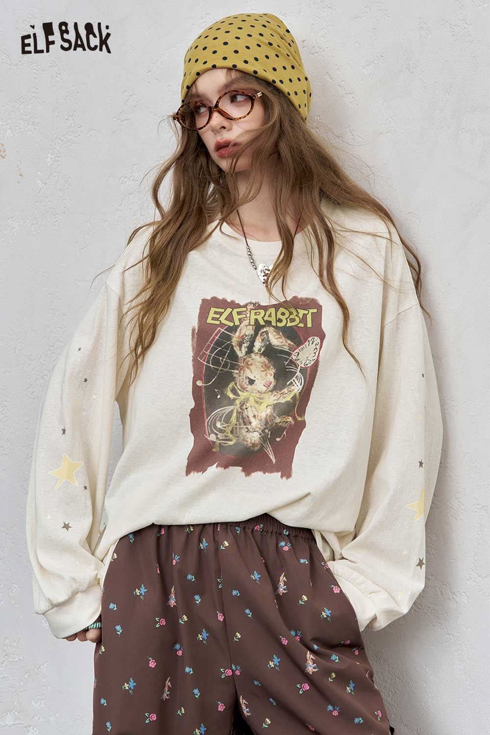 ELFSACK women's star print cotton tee with a graphic design, featuring loose fit and casual style