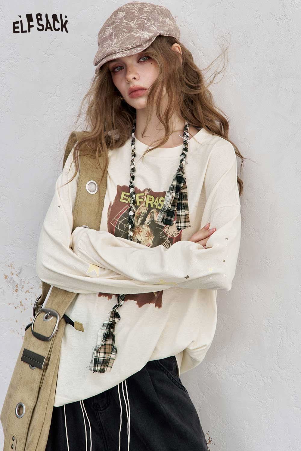ELFSACK women's star print cotton tee in cream with graphic design and relaxed fit