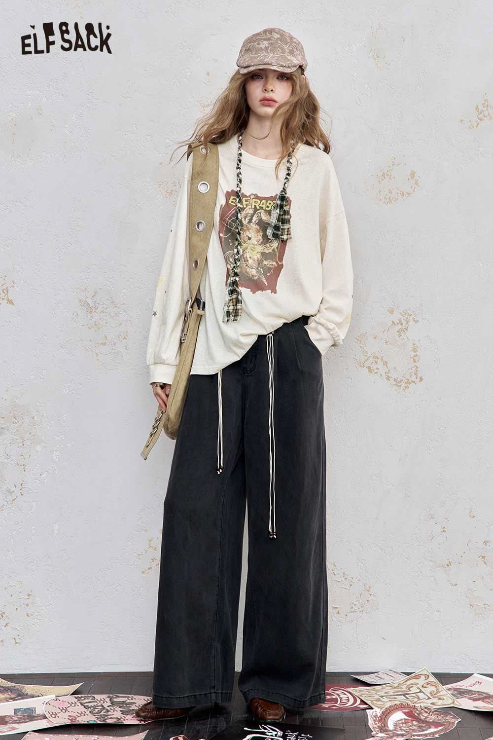 ELFSACK women's star print cotton tee paired with wide-leg pants and a stylish cap