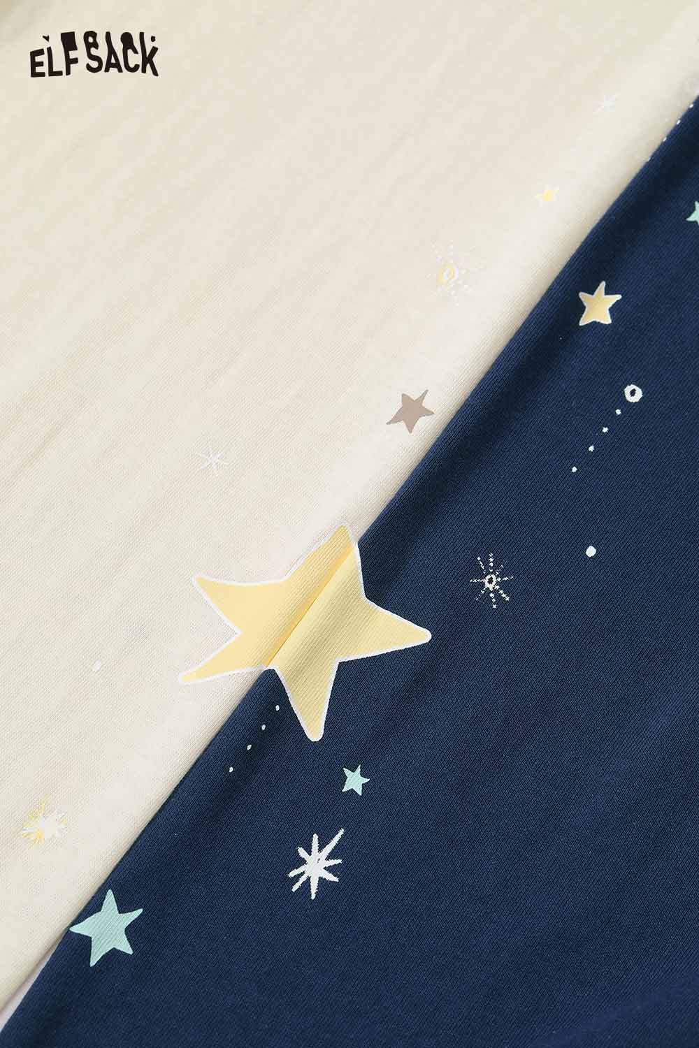 ELFSACK women's star print cotton tee in navy and cream featuring a cute star design