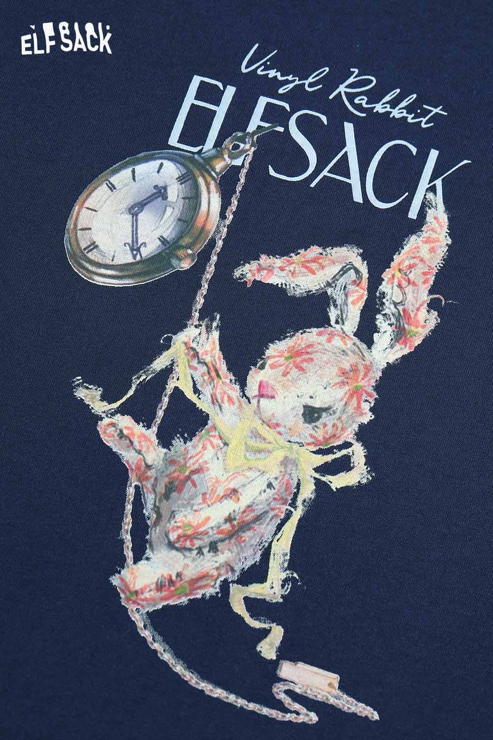 ELFSACK Vinyl Rabbit Graphic on Navy Women's Star Print Cotton Tee for a Unique Look