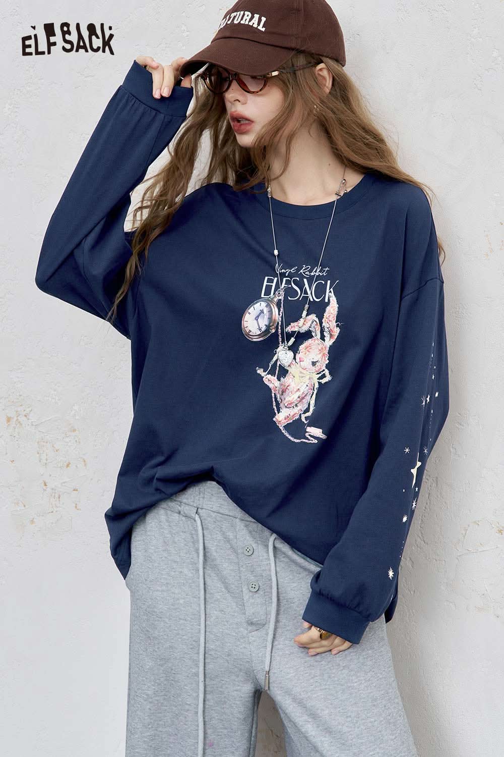 ELFSACK women's star print cotton tee in navy blue with graphic design and relaxed fit