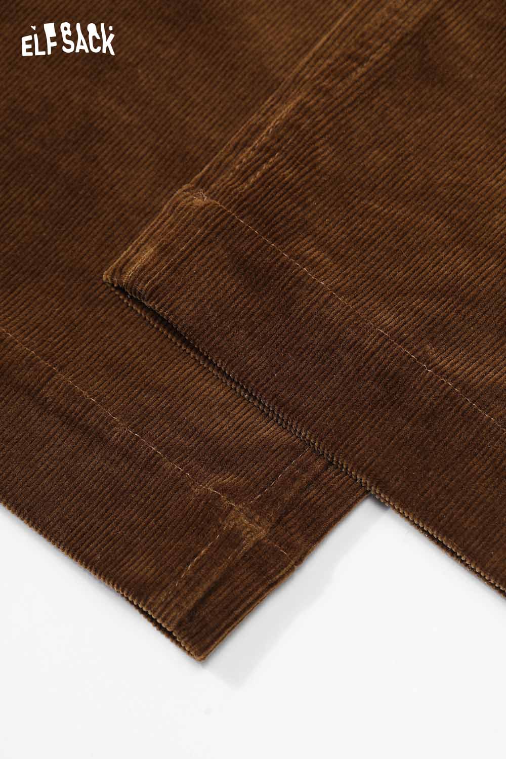 Close-up of ELFSACK women's straight leg cotton blend pants in rich brown featuring detailed stitching