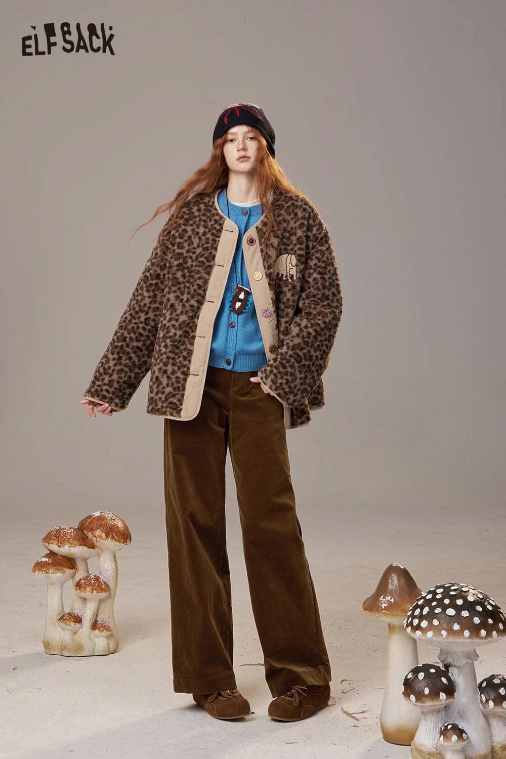 ELFSACK women's straight leg cotton blend pants styled with a leopard print jacket and blue sweater