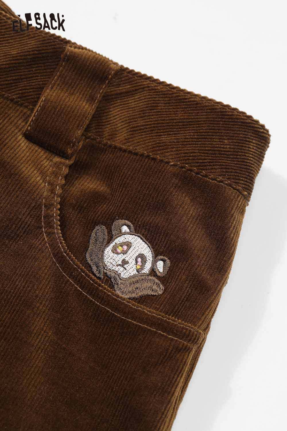 ELFSACK women's straight leg cotton blend pants in brown with cute panda embroidery detail