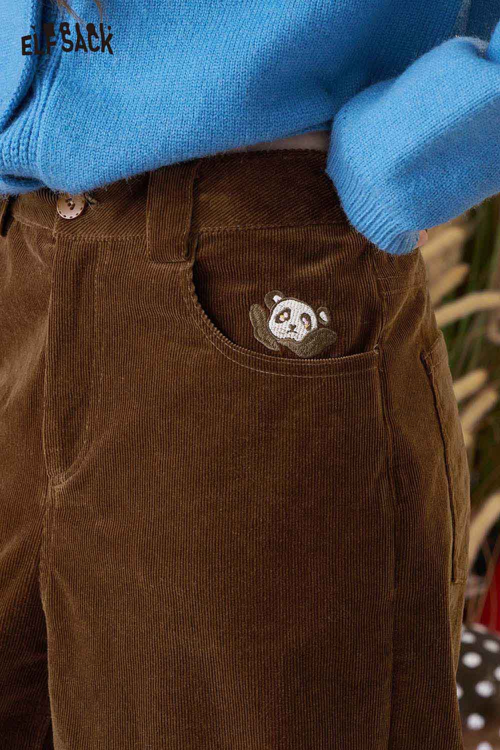 ELFSACK women's straight leg cotton blend pants featuring a cute panda embroidery on the pocket