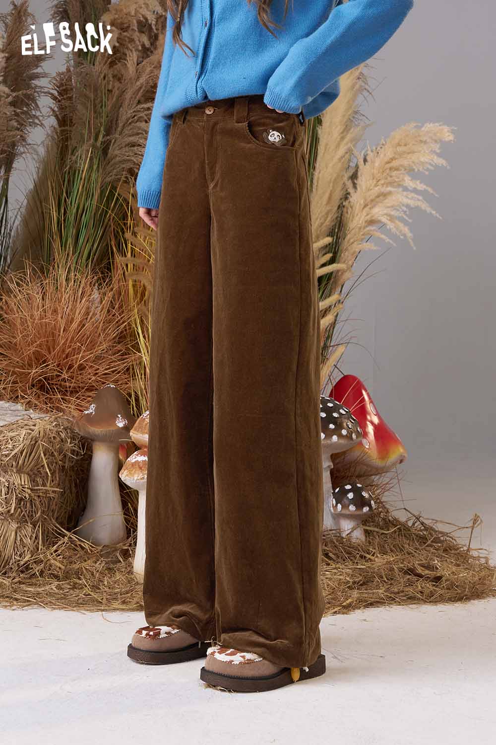 ELFSACK women's straight leg cotton blend pants in brown for a stylish and comfortable fit
