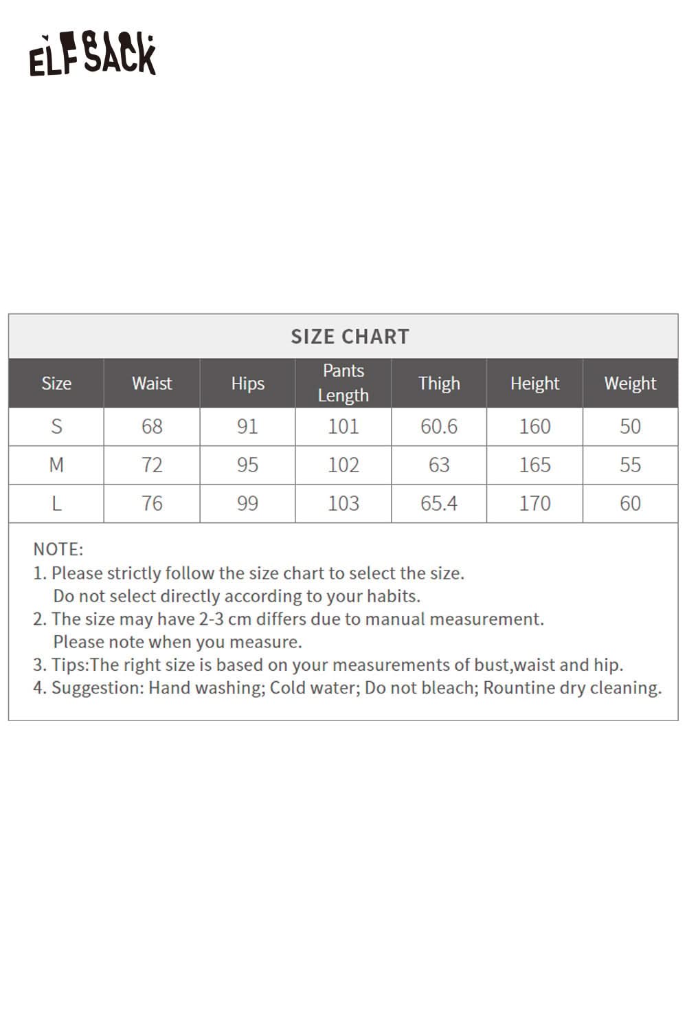 Size chart for ELFSACK women's straight leg cotton blend pants detailing measurements for waist, hips, and length