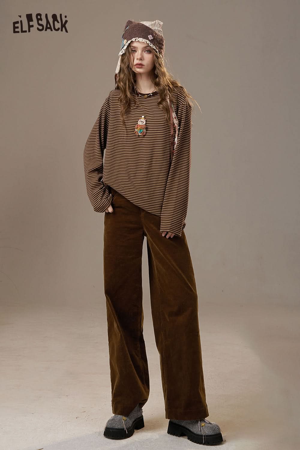 ELFSACK women's straight leg cotton blend pants in brown with a relaxed fit and comfortable design