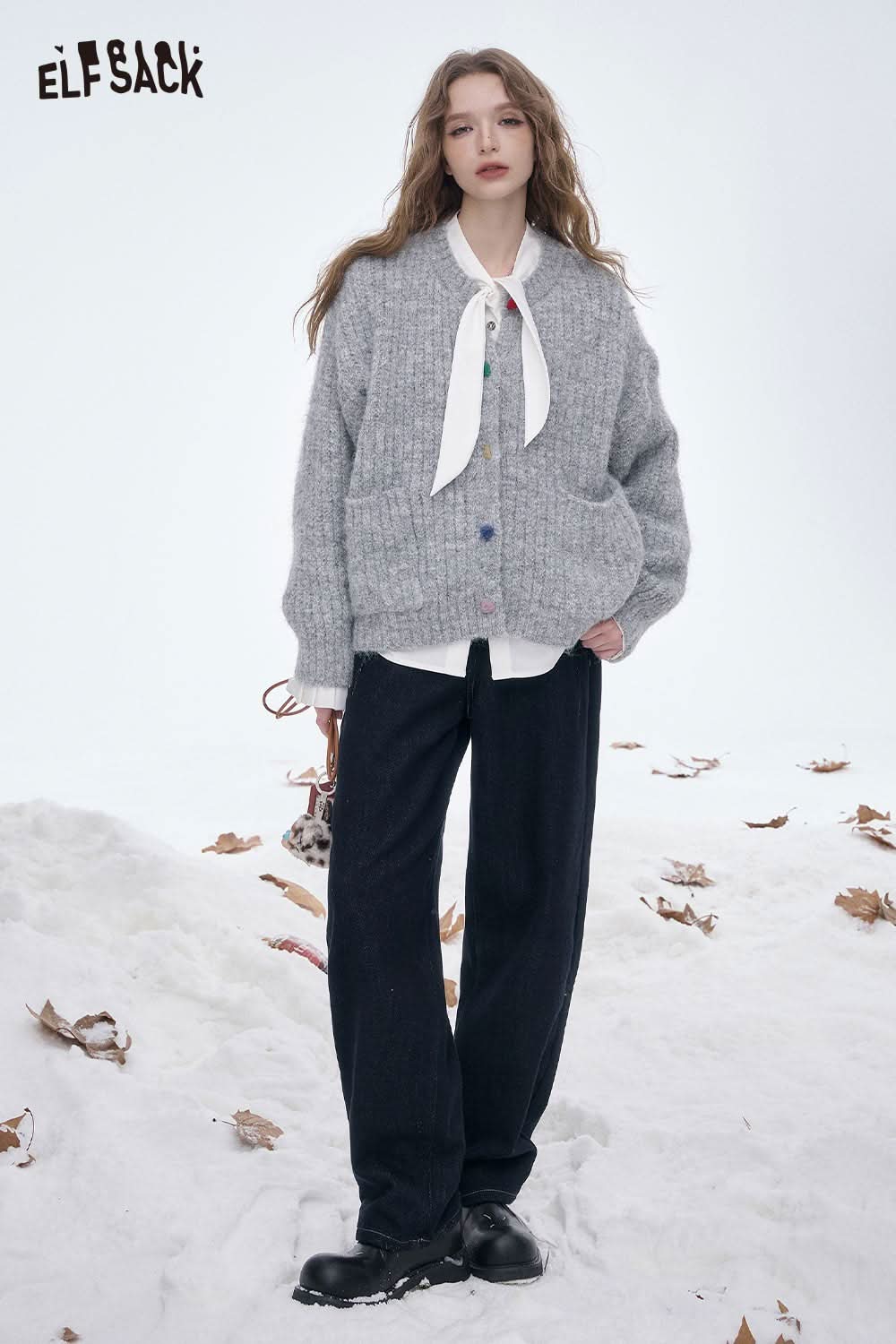 ELFSACK women's straight leg jeans paired with a cozy gray cardigan for a stylish winter look