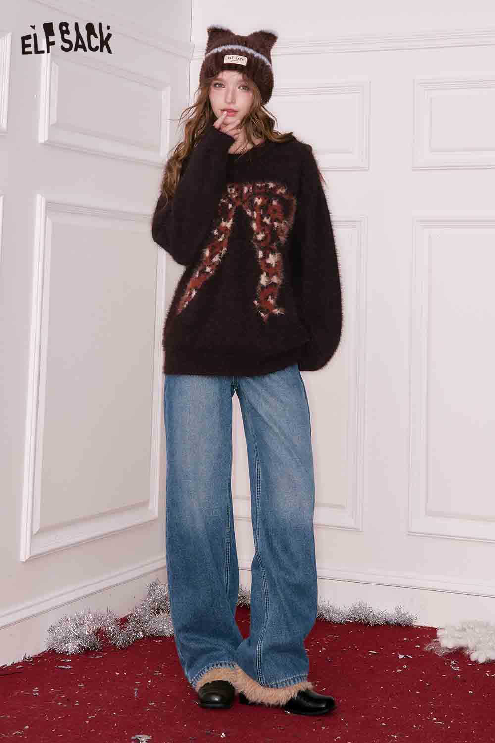 ELFSACK women's straight loose floor length jeans paired with a cozy sweater and beanie for a stylish look