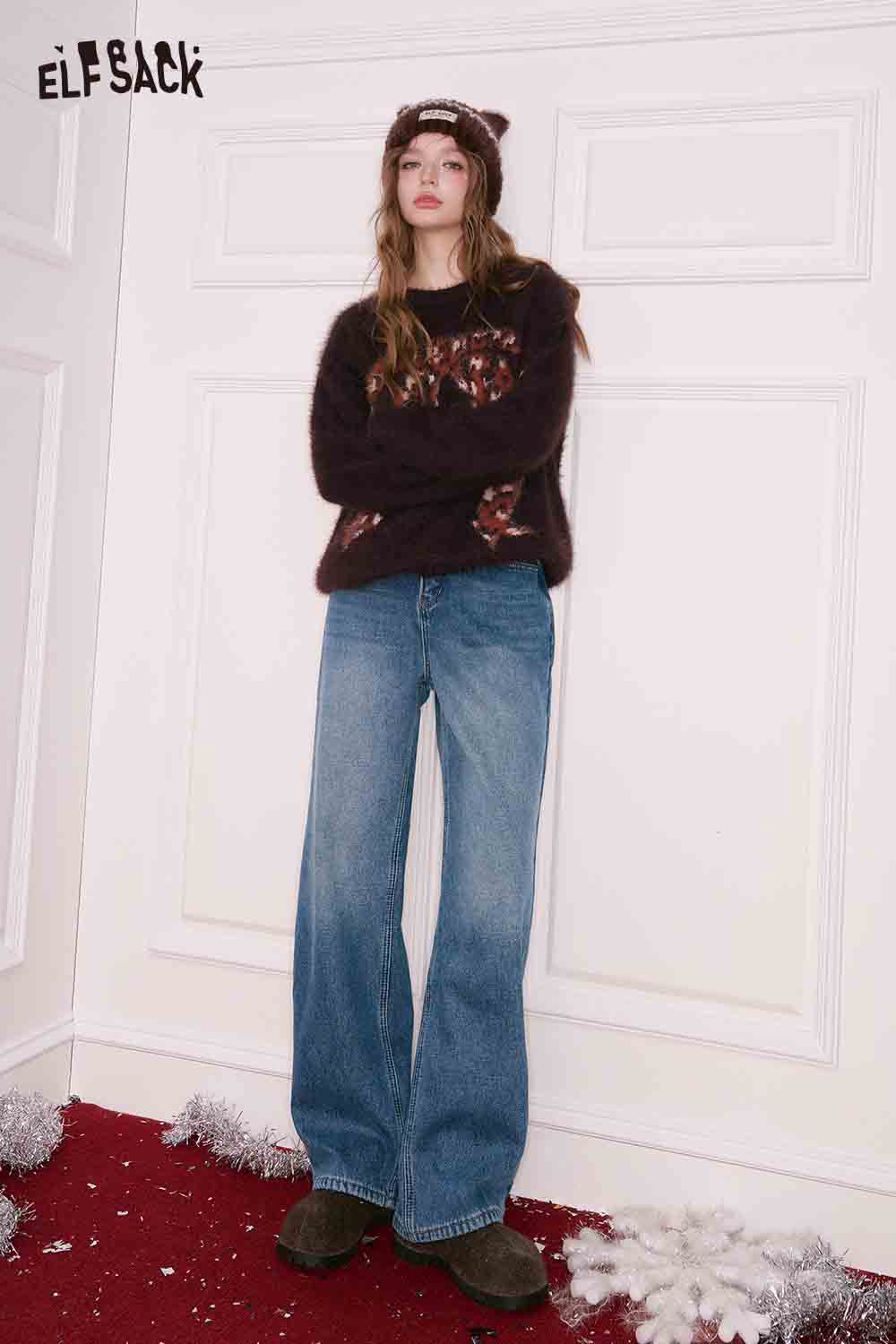 ELFSACK women's straight loose floor length jeans styled with a cozy sweater and casual footwear