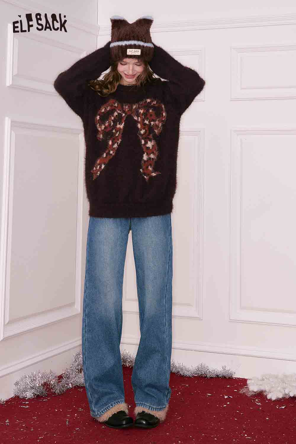 ELFSACK women's straight loose floor length jeans paired with a cozy oversized sweater