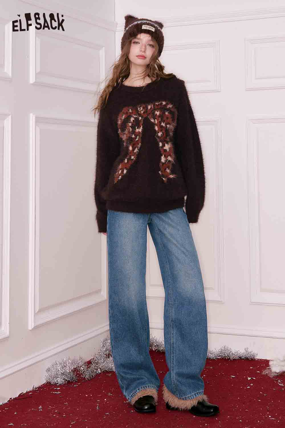 ELFSACK women's straight loose floor length jeans styled with a fuzzy sweater and winter accessories