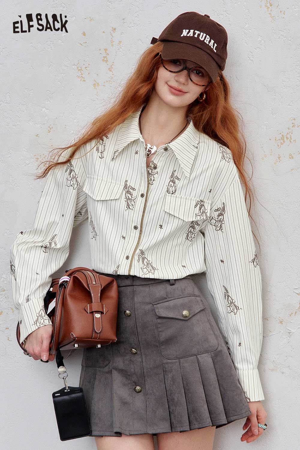 ELFSACK women's stripe poplin shirt with a stylish design, paired with a skirt and accessories for a chic look