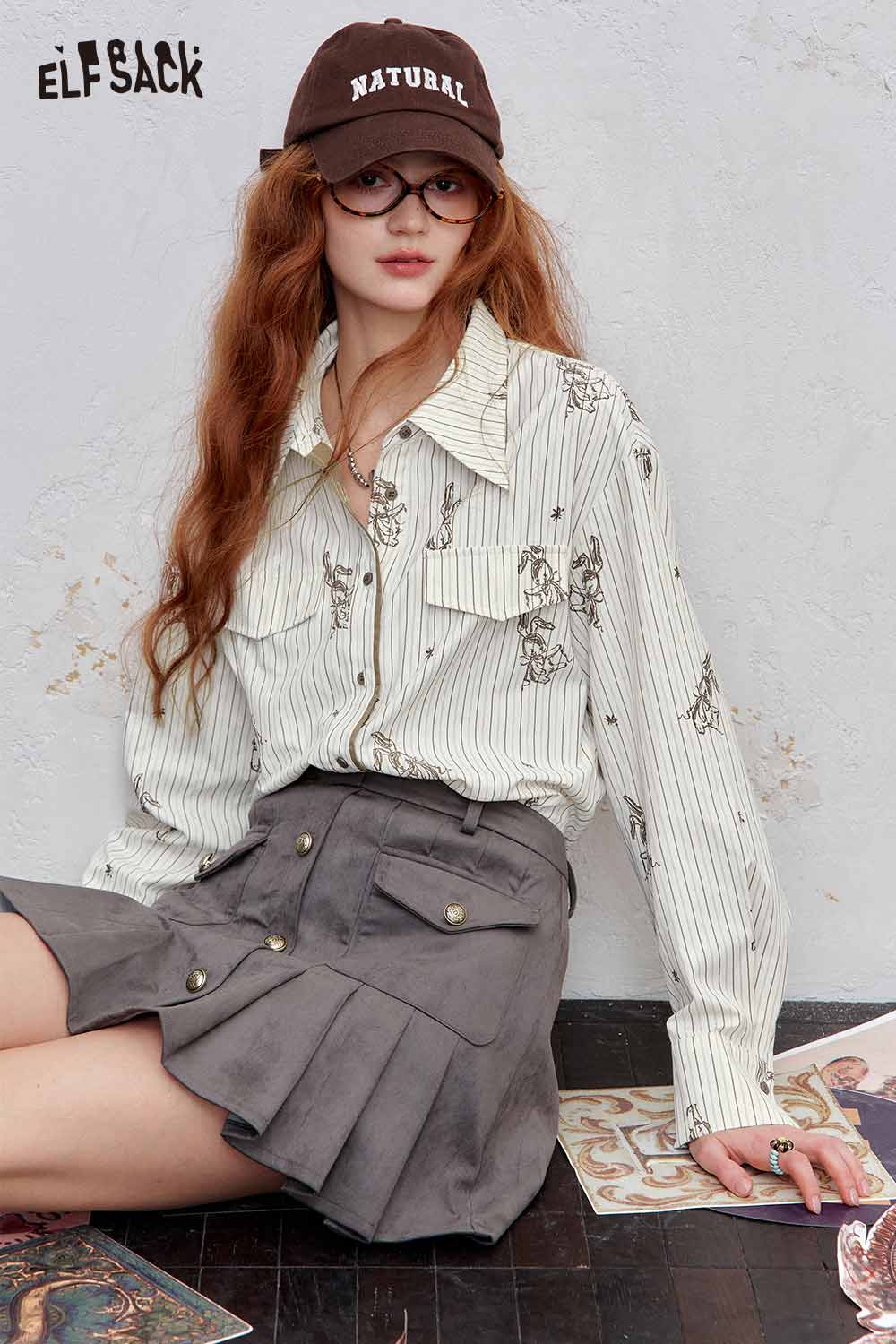 ELFSACK women's stripe poplin shirt with floral details and decorative pockets for a stylish look