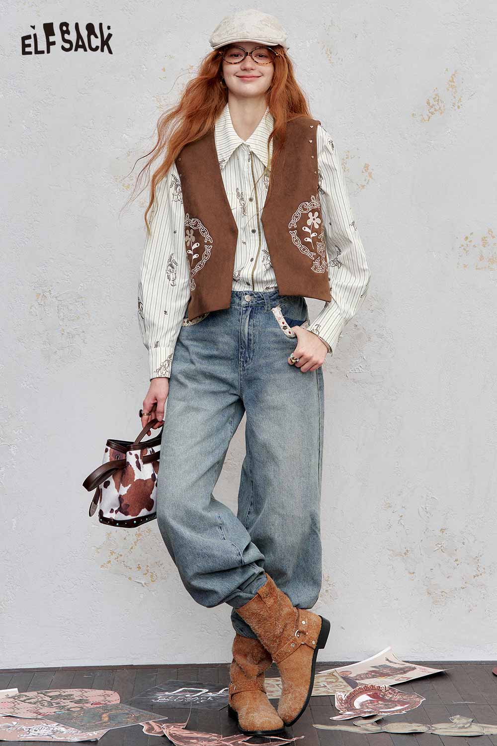 ELFSACK women's stripe poplin shirt with a stylish vest paired with wide-leg jeans and boots