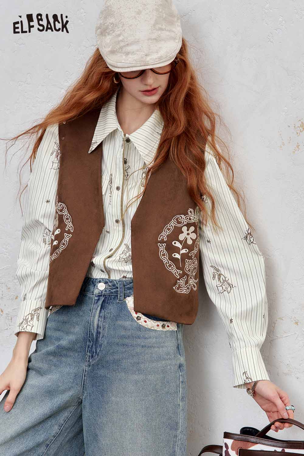 ELFSACK women's stripe poplin shirt styled with a brown vest and casual jeans