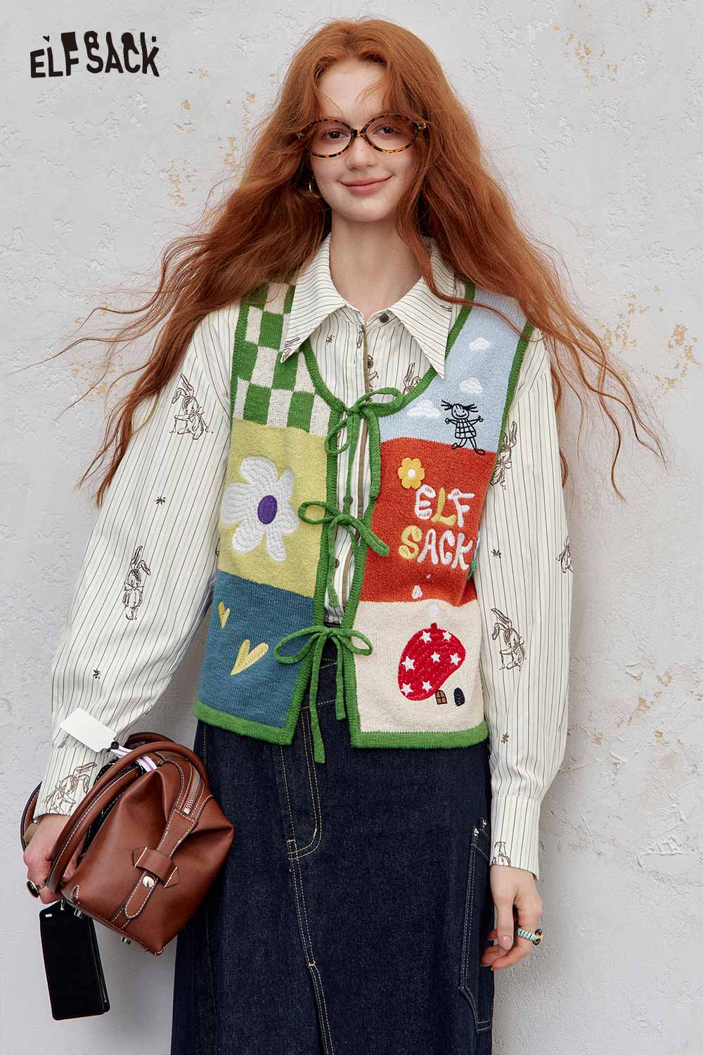 ELFSACK women's stripe poplin shirt paired with a colorful patchwork vest for a trendy look