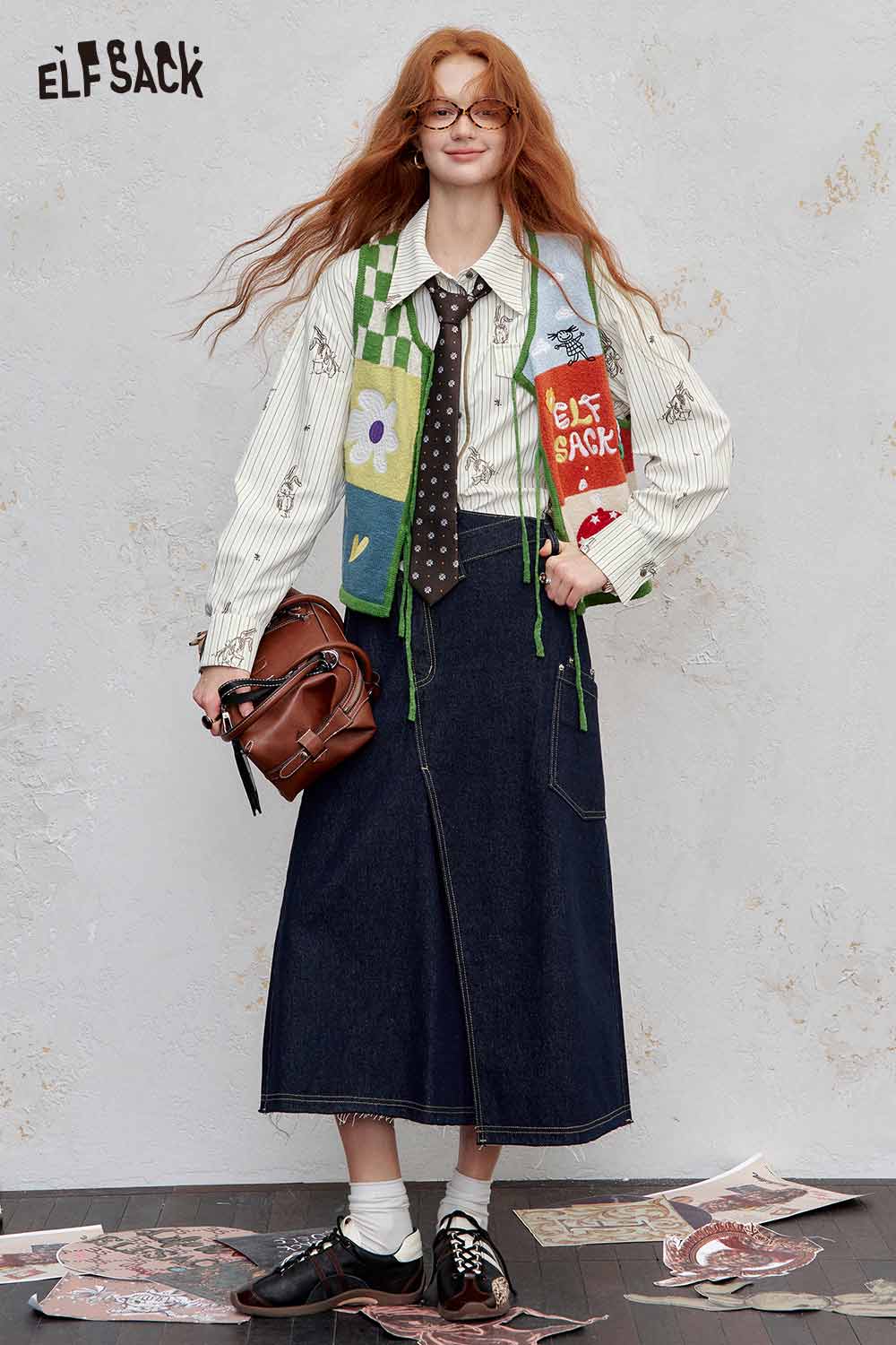 ELFSACK women's stripe poplin shirt styled with a quirky tie and layered over a long denim skirt