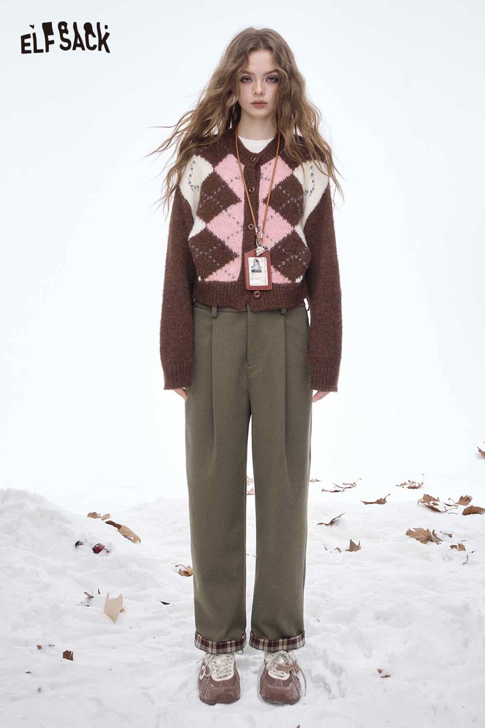 ELFSACK women's striped cuff straight pants in a stylish outfit with a cozy cardigan