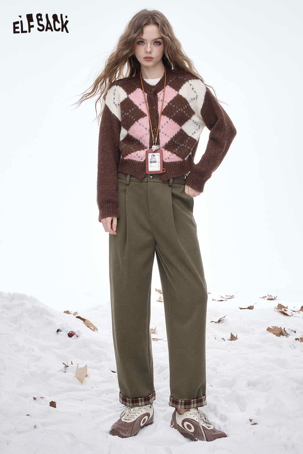 ELFSACK women's striped cuff straight pants in a stylish outfit with a cozy sweater