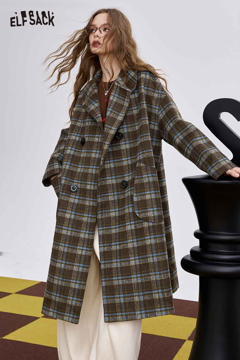 ELFSACK women's striped wool coat in brown plaid for stylish winter layering